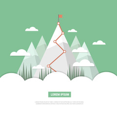 Landscape with flag on the mountain. Success in business. Vector illustration.