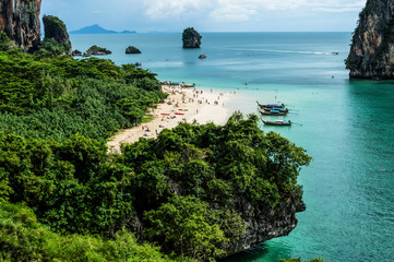 Lime Stone Formations and Beach seen from a Cave, Phra Nang, Railay Beach, Krabi, Thailand