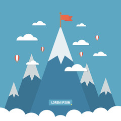 Concept business and success. Red flag on a Mountain peak.