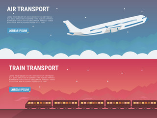 Travel banners set in flat style. Elements for the design of the website, illustrations and business concept. Plane, train.