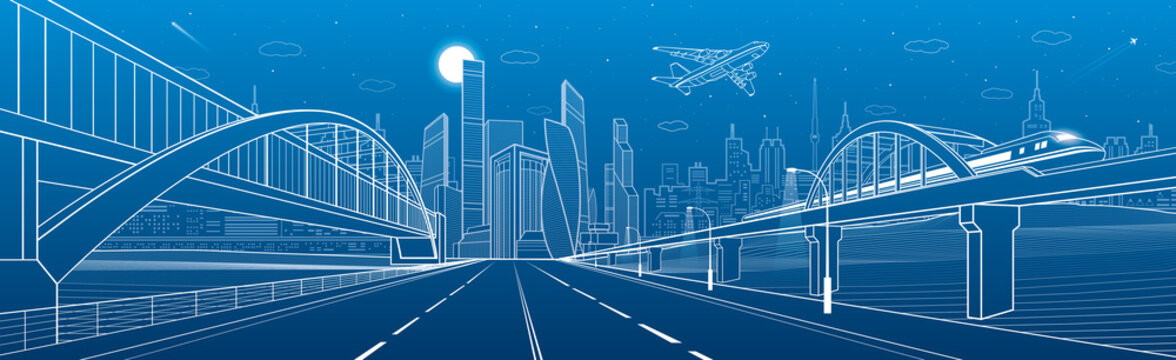 Pedestrian and railway bridges over highway. Urban infrastructure panorama, modern city on background, industrial architecture. Airplane fly.  White lines illustration, night scene, vector design art