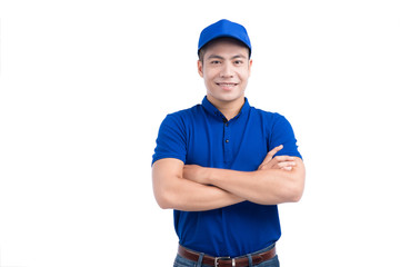 Asian Man in Blue Uniform. White Background.
