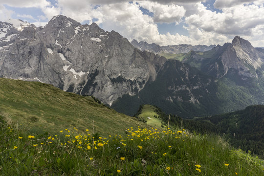Beautiful scenery of the Marmolada Massif. Dolomites. Italy.