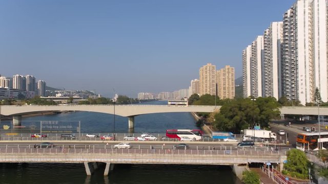 Hong Kong Aerial v119 Flying low over along Shing Mum River in Sha Tin area