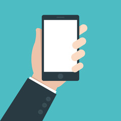 Mobile phone in hand. Hand holding smartphone. Flat design