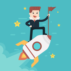 Startup Business. Businessman on a rocket. Flat design business concept illustration.