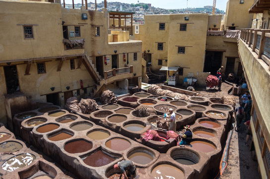 Chouwara Leather traditional tannery in ancient medina of Fes El Bali, Morocco, Africa.