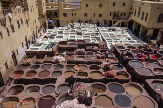 Chouwara Leather traditional tannery in ancient medina of Fes El Bali, Morocco, Africa.