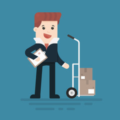 Man in suit, businessman, manager or logistic stands near boxes. Vector, illustration, flat