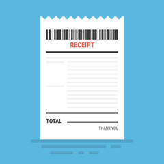 Vector sales receipt. Paper ATM Bill, cafe or restaurant cheque, receipt concepts. Flat design vector illustration