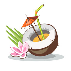 cocktail in coconut tropical with plumeria umbrella tube palm