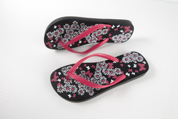 Black Slipper on White Background, Isolated Product, Top View, Studio.