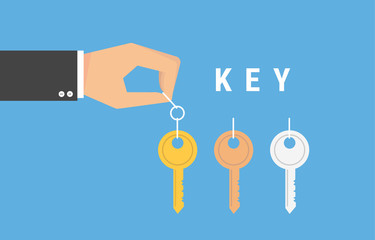 The hand holding a key. Vector illustration. Flat design