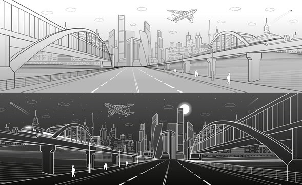 Pedestrian and railway bridges over highway. Urban infrastructure panorama, modern city on background, industrial architecture. Airplane fly. White lines illustration, night scene, vector design art