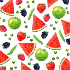 Watercolor pattern with berries and fruits on white.Cherry,strawberry,raspberry,peas,watermelon.