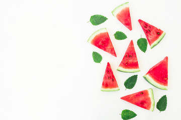 Watermelon pattern. Sliced watermelon on white background. Flat lay, top view