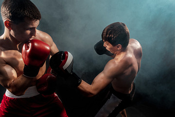 Naklejka na ściany i meble Two professional boxer boxing on black smoky background,