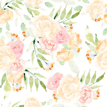 Beautiful Bright Colorful Watercolor Pattern With Rose Flowers. Illustration