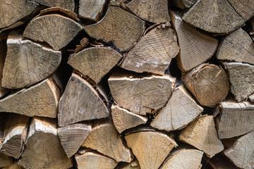 Stack of chopped fire wood close up