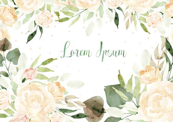 Beautiful watercolor card with roses flowers and leaves. Wedding card. Illustration