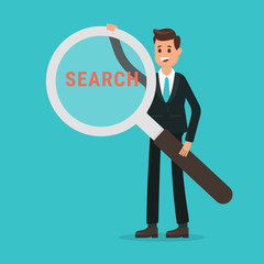 Search concept. Vector illustration. Businessman with magnifying glass and word 