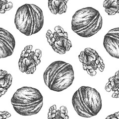 Walnut background. Seamless pattern design. Hand drawn vintage nut collection.