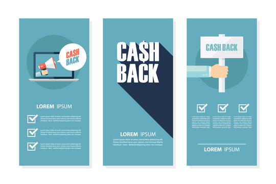 Money cash back flyers set for business, commerce, promotion and advertising. Flat design vector illustration.