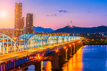 Sunset at Dongjak Bridge of Seuol City,South Korea.