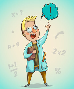 Boy scientist surprised by discovery. Cartoon character. Vector illustration