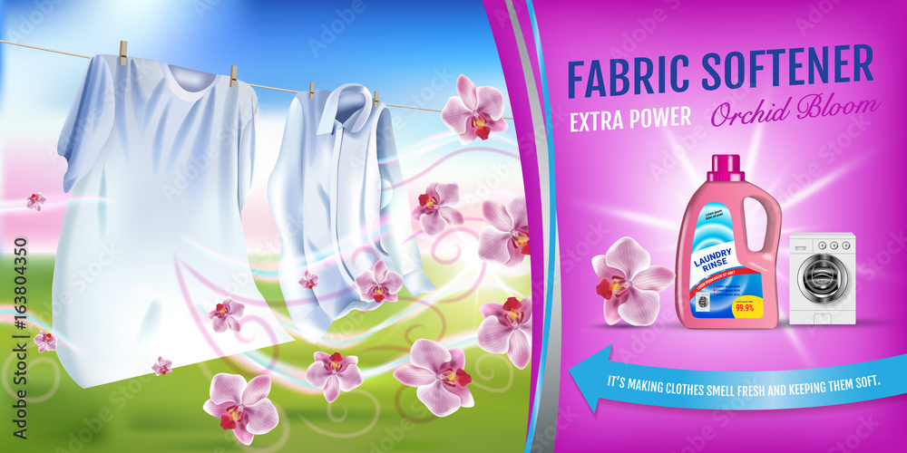 Wall mural orchid fragrance fabric softener gel ads. vector realistic illustration with laundry clothes and sof - Wall murals