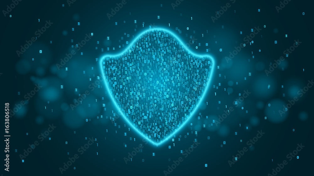 Poster high-tech computer concept. a blue glowing neon shield made of binary code. the system is protected