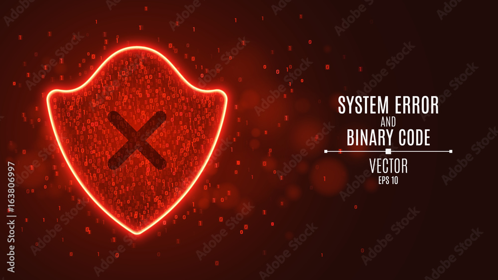 Poster high-tech computer concept. a red glowing neon shield from a binary code. hacking the system. the da