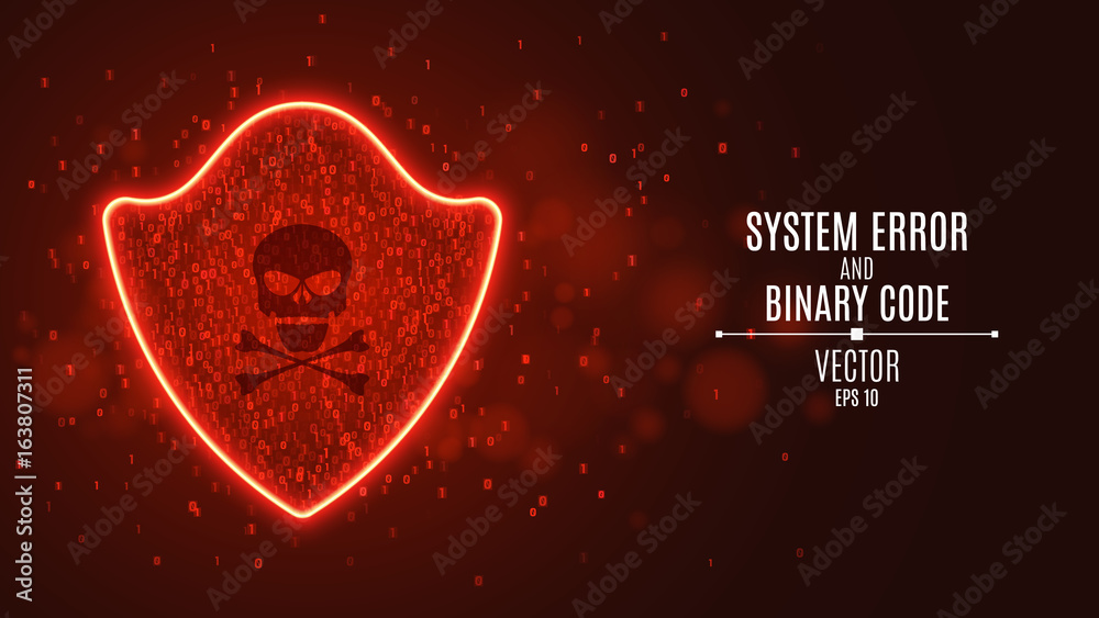 Poster high-tech computer concept. a red glowing neon shield from a binary code. the system is under threat