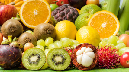 Naklejka na ściany i meble Group of ripe fruits for eating healthy, Prepared different fresh fruits for dieting