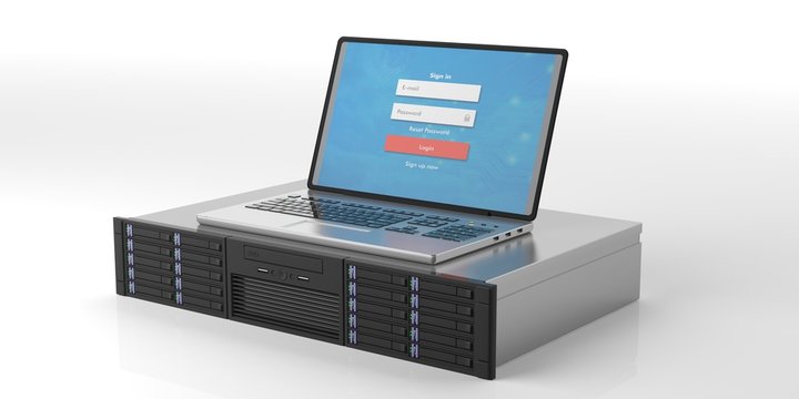 Computer server storage unit and laptop on white background. 3d illustration