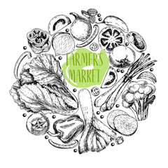 Vector hand drawn farm vegetables. Round border composition. Tomato, onion, cabbage, pepper, leek. Engraved art. Organic sketched vegetarian objects.