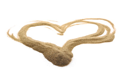 pile dry desert sand in heart shape isolated on white background