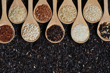 Top view different rice on wooden scoop with black riceberry background, Various rice organic on wooden spoon collection