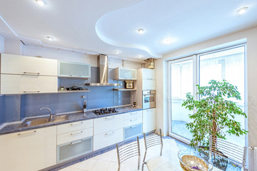 White apartment interior design kitchen, flower and glass table and stove, modern style furniture in chisinau, buiucani district, moldova