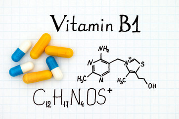 Chemical formula of Vitamin B1 and pills