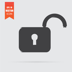 Open lock icon in flat style isolated on grey background.