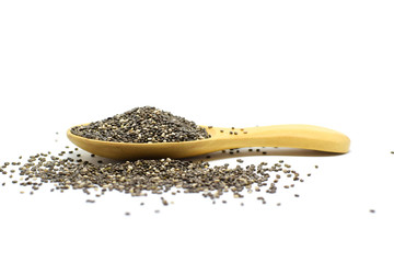 Chia Seed in the wooden spoon on white background.