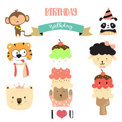 Cartoon icon collection with bear,panda,monkey,sheep,tiger and ice cream