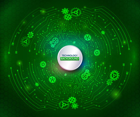 Abstract technology communication on the green background. Hi-tech radial circuit board with various technological elements. Modern vector illustration