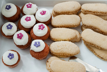 Pastry children's party detail, cake delight and snacks, sweet desserts at children's party.