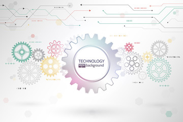 Abstract technology communication on the green background. Hi-tech radial circuit board with various technological elements. Modern vector illustration