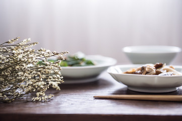 On the desktop, tableware and food