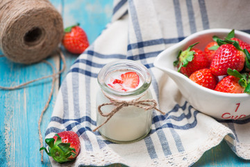 Strawberry Yoghurt. Healthy food with Strawberries and yoghurt breakfast on table.