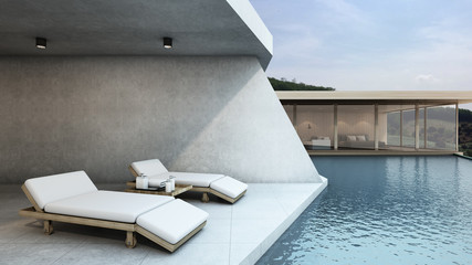 Beach chair in space design Modern & Loft material concrete pool villa take view mountain - 3D render