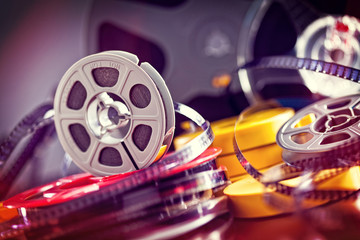 Naklejka premium 8mm film reels selective fire film. film entertainment concept, visual art